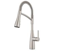 Pfister Kwan F5297KWCGS - Grifo para fregadero de cocina de arco alto con pulverizador desplegable en acero inoxidable para defensa contra puntos