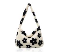 PFLYPF 1 bolsa de la compra de peluche, cadena de hombro, con diseño de flores de moda y mensajero, bolsa de gran capacidad, bolso de mano, bolso de otoño e invierno para mujer., negro y blanco
