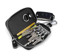 PFLYPF 1 pieza de llavero de cuero de vaca para coche, cartera con cremallera de gran capacidad y gancho, llavero clásico para tarjetas bancarias, llaves (negro)