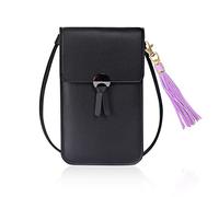 PFLYPF 1 portatarjetas y 1 colgante pompón, bolso mensajero de moda, bolso de hombro retro, bolso para teléfono con pantalla táctil, billetera pequeña, señoras (negro), Negro , Talla única