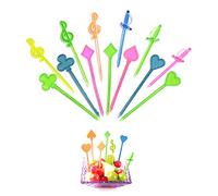 PFLYPF 100 tenedores de frutas de plástico, incluyendo 4 estilos: corazón, tarjeta de juego, dije de música, espada, accesorios Bento, amor, plato de frutas, decoración de pasteles