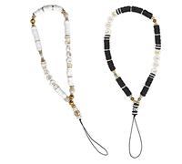 PFLYPF 2pcs Perlas Teléfono Móvil Correa, Anti-Pérdida de Cadena, Estilo Bohemio, Decoración Blanca Cuerda (Negro Blanco), Resina Sintética