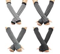 PFLYPF 4 pares de guantes sin dedos, calentadores de brazos, protector de mano con agujero para el pulgar, codos, guantes a juego para hombres y mujeres, negro, gris oscuro, rayas negras y grises,