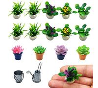 PFLYPF Juego de 14 macetas de flores falsas artificiales para decoración de casa de muñecas 1:12, decoración de interior de jardín verde, con 1 regadera y un cubo