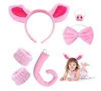 PFLYPF Juego de 6 accesorios de cerditos, orejas de cerdo, adorno para el cabello, pajarita, pulsera de felpa, cola de cerdo, nariz, cosplay para niños, Halloween, accesorios para fiestas (Rosa)