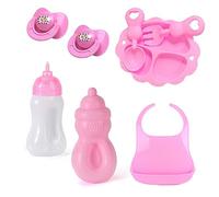 PFLYPF Juego de alimentación para muñecas de bebé de 8 piezas, equipado con 2 biberones, 2 chupetes, baberos, platos, cucharas, tenedores, accesorios para muñecas para niños y niñas