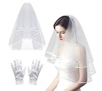PFLYPF Un velo blanco de 80 cm + un par de guantes cortos de raso blanco, banquete de fotos de boda, velo de novia de tul y peine corto velo de satén, Blanco, Talla única