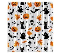 PFNHUIBDZ 1 Cortina de Ducha Halloween con Bonito Dibujo Fantasma, Calabaza Espeluznante, gótico, Gato Negro, Mapa Divertido, Hoja, araña, murciélago, Esqueleto Ba(5)