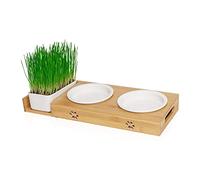 Pfotenolymp® Comedero Elevado con Hierba para Gatos - Comedero de Porcelana con Bandeja para Hierba de Gato