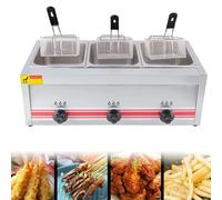 PGKTKCWH Freidora de Gas GLP Profesional, freidora Comercial de Acero Inoxidable con cestas y Tapas para freír, para cocinas comerciales, restaurantes y hogares, Triple Cilindro, 10 l + 10