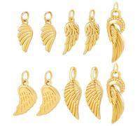PH PandaHall 10 dijes de alas de ángel de 5 estilos, latón chapado en oro de 18 quilates, colgante de plumas de ala dorada con anillo de salto para collares, pulseras, aretes, llaveros, manualidades