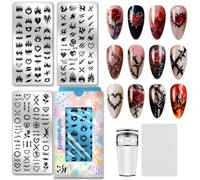 PH PandaHall 138 - Patrón de placa de estampado para uñas de espinas, 3 plantillas de llama para uñas, estilo punk, placa con diseño de corazón, sello rosado, modelos de uñas artísticas para manicura