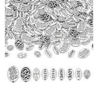 PH PandaHall 180 cuentas espaciadoras ovaladas de 9 estilos con palabras, estilo tibetano, cuentas espaciadoras plateadas de metal para pulseras, collares, joyas, manualidades, 7 ~ 14 mm