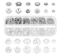 PH PandaHall 261 tapas de cuentas de flores, espaciadores de metal, tapas de cuentas huecas, tapas de cuentas sólidas, para pulseras, collares, aretes, joyería, plata antigua y plata