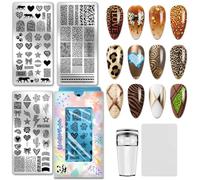 PH PandaHall 3 piezas Placas de Estampación de Uñas con Estampado de Leopardo Plantillas de Arte de Uñas con Estampado de Animales Líneas Geométricas Sellos de Diseño de Uñas con Forma de Corazón y