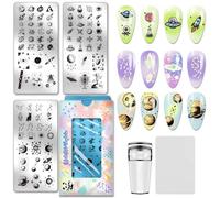 PH PandaHall 3 placas de estampado de uñas con diseño de luna y planeta, espacio exterior, plantillas de arte de uñas, cohete, zodiaco, placas de arte, galaxias, estrellas, uñas, sello para mujeres