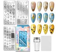 PH PandaHall 3 placas de estampado de uñas con estrella de luna, misteriosa línea Luna Plantillas de arte de uñas de acero inoxidable con herramientas para mujeres, bricolaje impreso, manicura