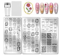 PH PandaHall 3 placas de estampado de uñas con lazo, diseño de flores y rosas, margaritas, plantas, uñas, marcos geométricos, plantillas de arte de manicura para mujeres, diseño de salón de manicura