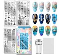 PH PandaHall 3 placas de estampado de uñas con timón de ancla, plantillas náuticas para arte de uñas, océano, playa, concha de mar, estrella de mar, placa de imagen de acero inoxidable, plantillas de