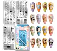PH PandaHall 3 placas de estampado de uñas de animales lindos, oso, mono, panda, pingüino, gato, plantillas de arte de uñas de acero inoxidable, plantilla de impresión de transferencia de manicura