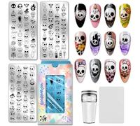 PH PandaHall 3 placas de estampado de uñas de calavera de dibujos animados, vial de calavera espeluznante, plantillas de arte de uñas, estilo gótico, placa de imagen de acero inoxidable, plantillas