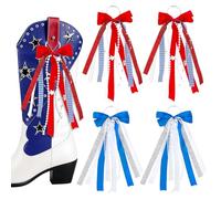 PH PandaHall 4 lazos de 2 estilos de cinta occidental para botas Martin, rojo, azul, blanco, lazos del Día de la Independencia, con purpurina, perlas, encaje, botas vaqueras, accesorios para el 4 de