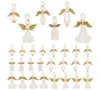 PH PandaHall 48 piezas 6 estilos Perlas de Alas de Ángel Gotas Blancas con Cubiertas de Flores y Perlas de Alas Doradas Antiguas para la Fabricación de Collares, Pulseras, Joyería, Llaveros