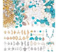 PH PandaHall 540 cuentas de concha de tortuga, kit de fabricación de joyas de verano, cuentas sintéticas de turquesa con aleación de tortuga, delfín, costal, dijes para surfista, pulseras, collares