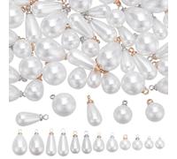 PH PandaHall 60 colgantes de perlas, 8 tamaños, dijes de perlas blancas, 2 colores, perlas de lágrima, dijes con lazo, conectores colgantes para hacer joyas, aretes de boda, pulseras, manualidades