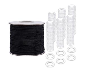 PH PandaHall Cordón de cortina romana trenzado de 2 mm con 100 anillos transparentes de elevación de 14 mm, anillos de acrílico para cortina de sombra de elevación, cortinas de jardinería