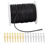 PH PandaHall Cordón encerado con kit de cierre de joyería, 50 yardas, 2 mm, hilo de algodón encerado negro con cierres de pinza de langosta, extremos de cordón plegable, cuerda de cera para hacer