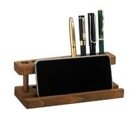 PH PandaHall Expositor para bolígrafos de madera para escritorio, color marrón, con 9 ranuras y soporte para teléfono para escuela, oficina y casa, 20 x 8 x 6,8 cm