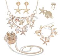 PH PandaHall Joyería de estrella de mar de concha de mar, accesorios de disfraz de sirena, accesorios de verano, playa, concha, collar de perlas, babero, collar, pulseras, aretes, anillo clip para el
