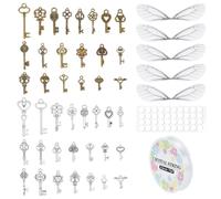 PH PandaHall Juego de 40 dijes de llaves voladoras, llaves de esqueleto vintage, alas de libélula adhesiva de doble cara con cuerda elástica de 33 yardas para manualidades, fiestas, Navidad, Halloween