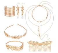 PH PandaHall Juego de 6 joyas de diosa griega, juego de joyas de diosa griega, aretes colgantes, brazalete, peines para el pelo, banda para el pelo y collares para Halloween, Navidad, boda, fiesta