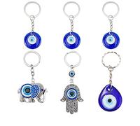 PH PandaHall Juego de 6 llaveros con diseño de elefante, llavero de mal de ojo, estilo vintage de mano de Hamsa, dijes de llavero azul, dijes de buena suerte para llaveros, joyería, manualidades de