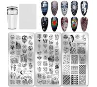PH PandaHall - Lote de 3 placas de estampado para uñas, diseño de calavera para uñas, diseño de esqueleto, flor, cráneo gótico, placa con sello y rascador para bricolaje, manicura, sala de Halloween