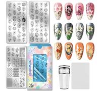 PH PandaHall - Lote de 3 placas de estampado para uñas, lirios, plantillas para uñas, arte de flores, modelos de manicura, con bordes florales, placas de imágenes de acero inoxidable con herramienta