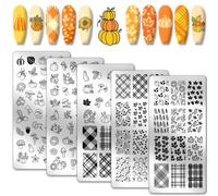 PH PandaHall Otoño Tema de Acción de Gracias Placas para Sellos de Uñas 126 Moi Máscara de Uñas de Acero Inoxidable 5 Piezas Placa para Nail Art de Arce Calabaza para el Día de 12x6cm
