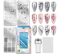 PH PandaHall Placas de estampado de uñas de corazón de amor, 3 unidades, plantillas de arte de uñas, decoración de cadena, placas de imagen, textura geométrica, sello de diseño de manicura para
