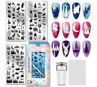 PH PandaHall Plantillas de estampado de uñas de animales salvajes, bosques, montañas, lobos, osos, ciervos, uñas, plantillas artísticas, paisajes naturales, sello para mujeres, manicura, impresión de