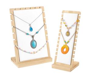 PH PandaHall Soporte de exhibición de collares de bambú de 2 tamaños, soporte de madera para collares, organizador de joyas con tapete suave de cuero blanco, tableros de exhibición para el hogar,