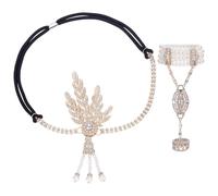 PH PandaHall Tocado con pulsera estilo flapper de los años 20, medallón de hojas, diadema de piedras de oro y perlas blancas, juego de tocado vintage para fiestas de los años 20, boda, graduación
