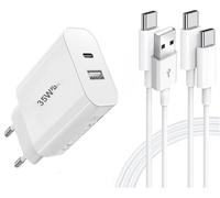 PH26 - Cargador USB-C de 35 W compatible con Xiaomi 14T, 2 puertos PD 3.0 QC 3.0 Cargador de pared ultrarrápido + 1 cable USB-C + 1 cable TC-TC - 1 m
