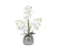 Phalaenopsis Artificial en maceta, Orquídea Blanca con Follaje Verde | tela de alta calidad, base de cerámica electrochapada, 36x39 cm, sin mantenimiento, mesa ideal salón oficina regalo