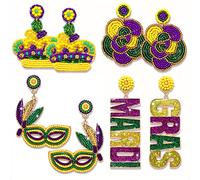 PHALIN 4 pares de aretes de Mardi Gras, corona de cuentas, aretes de flor de lis para mujer, aretes colgantes de borla en capas, accesorio de Mardi Gras, aretes de carnaval de martes gordos, regalos