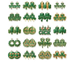 PHALIN 40 dijes del día de San Patricio para hacer joyas, dijes de trébol brillante surtidos, pulseras irlandesas a granel, sombrero esmaltado, colgante de hoja de la suerte para manualidades, regalos