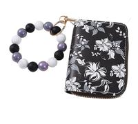 Phamines Llavero de pulsera con diseño floral, tarjetero de bolsillo de acordeón con cuentas de silicona, llavero para mujer, Flor negra, Talla única
