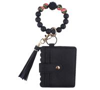 Phamines Llavero de pulsera con tarjetero, llavero de silicona con cuentas de margarita, llavero, pulsera, cartera con ventana de identificación para mujer, Negro, Talla única