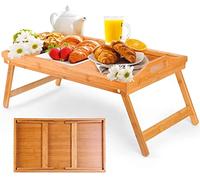 Phane Bandeja para Cama de Bambú, Mesa con Patas Plegables, Bandeja Desayuno 2 en 1 Multiusos, Bandeja Plegable, Mesa Auxiliar para Trabajar y Estudiar, Resistente, Mesita de Noche de Bambú 50x30x23cm